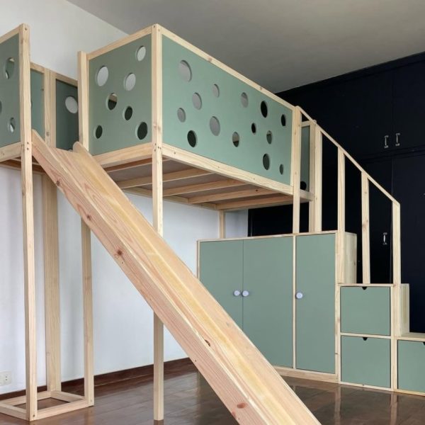 Cama Alta con Resbalin, escalera, closet y cajones