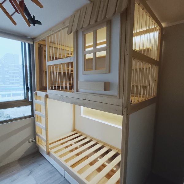 Camarote o cama con zona de juegos en 2do nivel, cajones bajo cama y luces Led